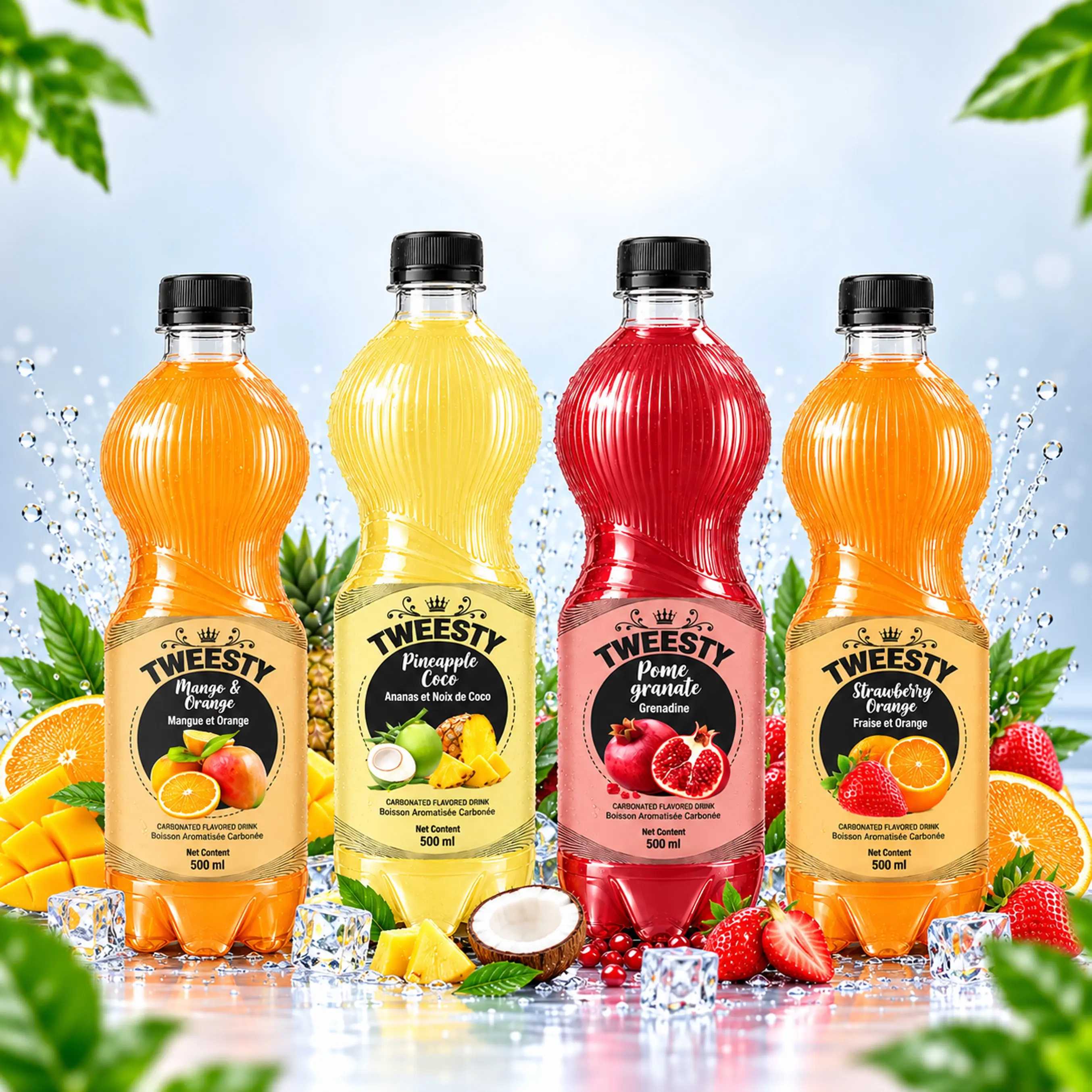 TWEESTY assorted carbonated flavoured drinks in Mango Orange, Mojito Strawberry, Strawberry Orange, Mojito, Mango Peach, Pomegranate and Pineapple Coco flavours, 500ml PET bottles